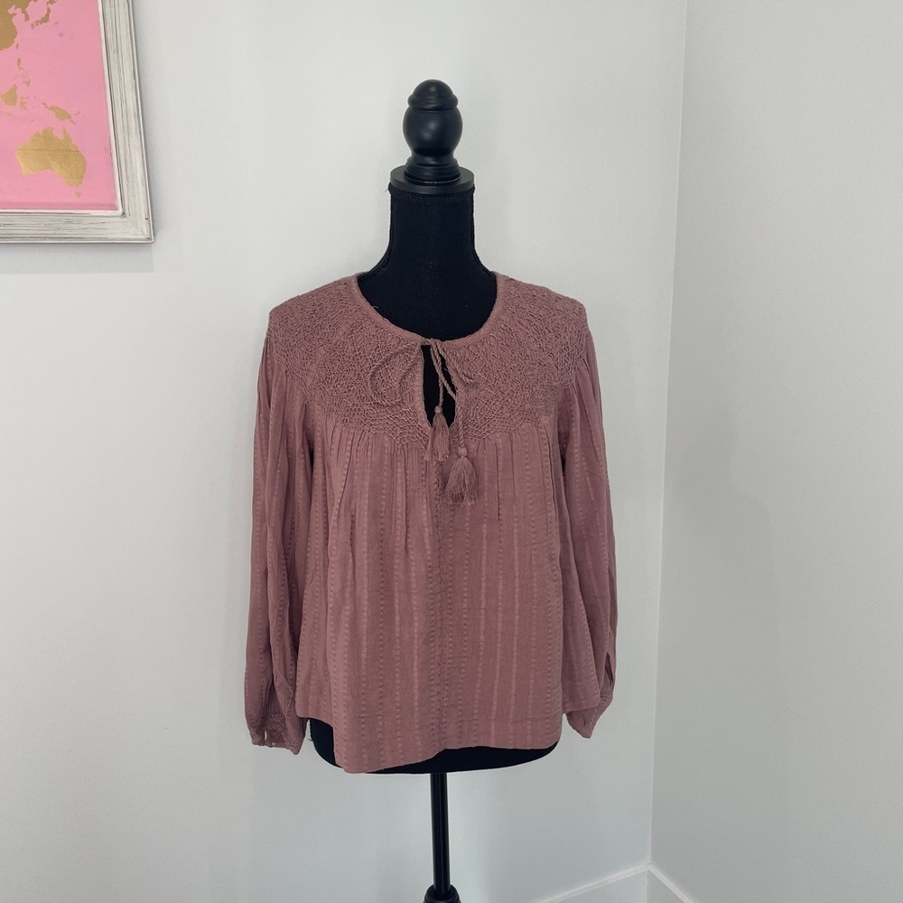 Lucky Brand Embroidered Long Sleeve Taupe Knit Top